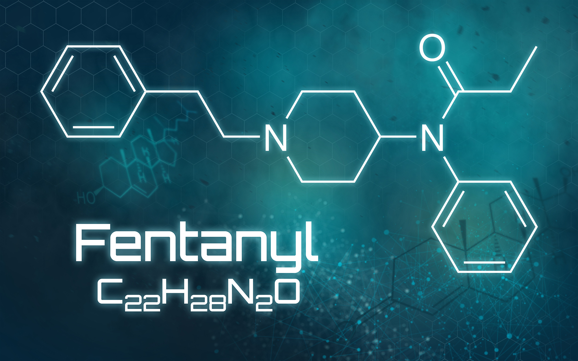 Chemical formula of Fentanyl on a futuristic background