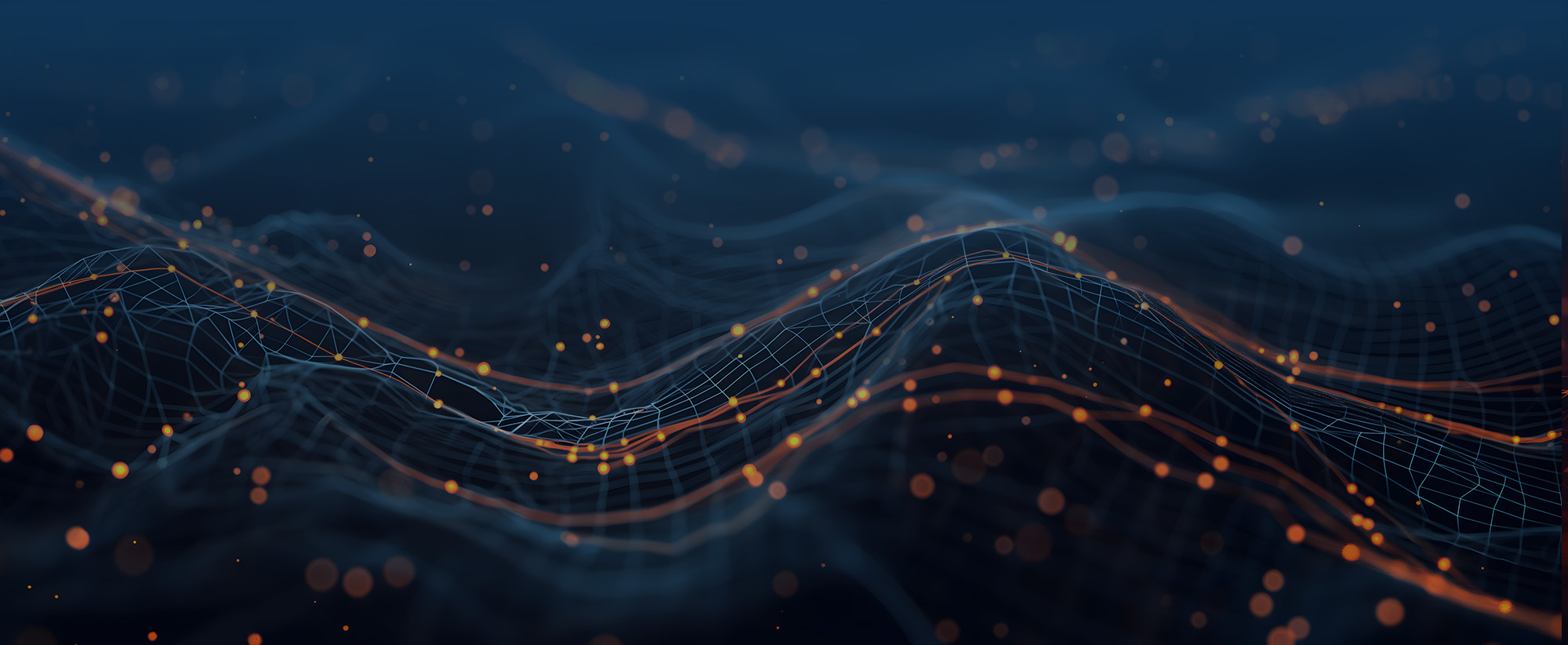 Abstract blue technology background with a cyber network grid and connected particles. Artificial neurons, global data connections - Generative AI